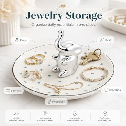 Ring Holder Jewelry Dish Elephant Ceramic Trinket Tray for Rings Earrings Necklace Bracelet Keys, Silver Elephant Jewelry Organizer Dish for Vanity Nightstand Bathroom Countertop - color: Elephant