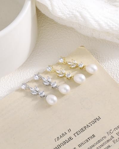 Pearl Earrings for Women, 14k Gold Plated Trendy Diamond Pearl Drop Earrings Bridal Shower Gifts Wedding jewelry for Women - color: Style D Gold