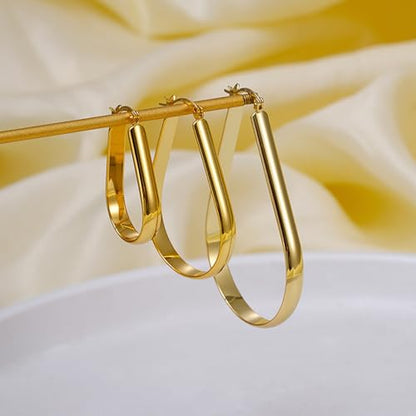 Oval Hoop Earrings 4.8mm Wide Large Chunky Lightweight Big Hoop Earrings 18K Gold Plated Minimalist Jewelry for Women 20/30/40mm - color: Gold-28mm Inner Diameter