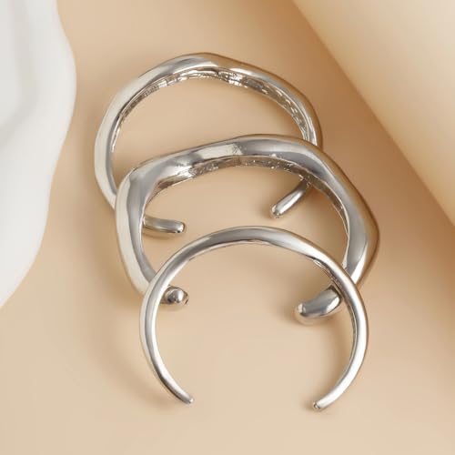 Chunky Gold Bangle Bracelets for Women Trendy Irregular Statement Cuff Bracelets Stack Wide Minimalist 3PCS Bangle Set Jewelry - style: Silver B