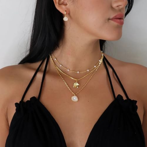 Charm Necklaces for Women,14k Gold Plated Waterproof Dainty Choker Necklace Summer Seashell Pearl Beach Cute Necklaces Set Fashion Jewelry Gift - style: Tropical