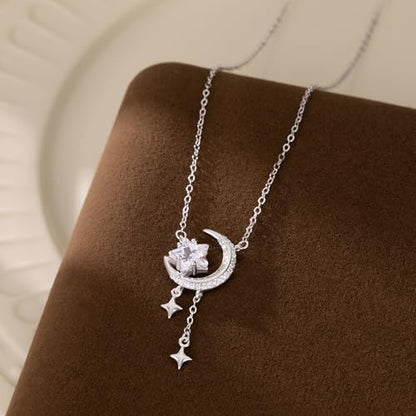 Reffeer Solid 925 Sterling Silver Moon Star Necklace for Women Teen Girls CZ Moon Choker Necklace Dainty Star Pendant Necklace - color: A-Silver