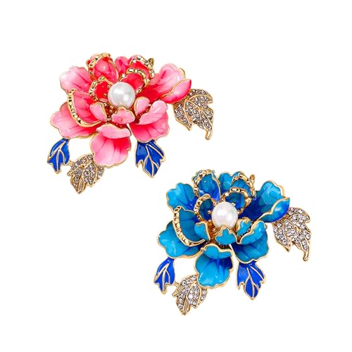 3Pcs Peony Flower Brooch Pin for Women Elegant Enamel Floral Brooch Set Dainty Cubic Zircon Pearl Lapel Pins Flower Pins for Clothes Hat Dress Accessories Prom Jewelry - color: Colourful-2Pcs