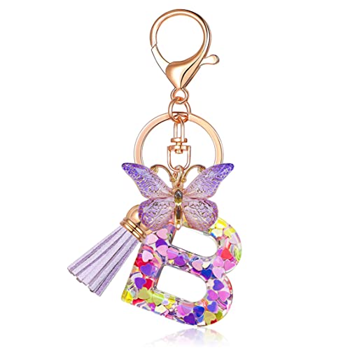 JINGUAZI Butterfly Initial Letter Keychain Bag Charms for Women | Cute pendant accessories for purses, handbags, backpacks, car keys, small gift for her young women, mothers, teachers - color: B-purple