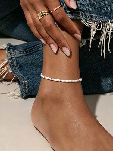 Starain Small Bead Anklets for Women Beach Foot Ankle Bracelet Cute Colorful Boho Beaded Anklets 8 inches - color: White