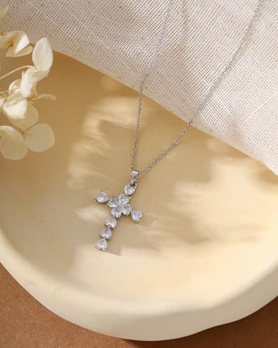 Cross Necklace for Women, 14K Gold Plated Cubic Zirconia Cross Pendant Necklace, Trendy Christian Jewelry Gifts for Baptism First Communion Christmas - color: Style F - Silver