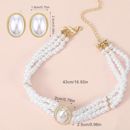 Hecila Pearl Choker Necklace Pearl Earring Set for Women Boho 3 Tier Vintage Chokers