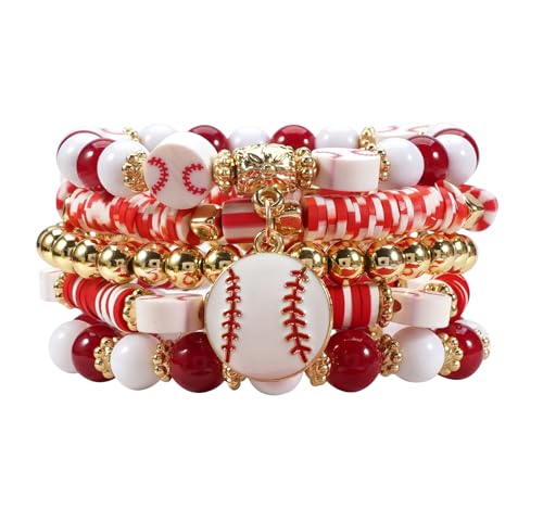 Ardorchid Halloween Bracelets for Women Pumpkin Ghost Steleton Bat Skull Beaded Stackable Stretchy Bracelet Rugby Thanksgiving Christmas Heishi Bracelets - color: Baseball Bracelets