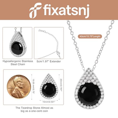 Women Trendy Faux Crystal Pendant Necklace 18K Gold/Silver Plated | CZ Halo Teardrop Drop Pendant Necklace Lightweight Fashion Jewelry Set Stackable For Wedding Daily Wear - color: Black