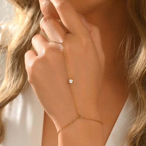 Dainty 18K Gold Plated Tiny Bracelets with Finger Ring for Women | Waterproof Hypoallergenic Adjustable Hand Harness Chain Jewelry - color: Single CZ-GD