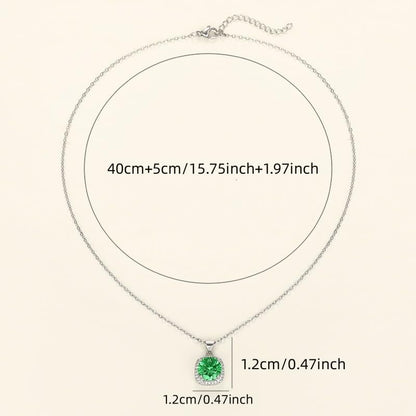 Exquisite Square Green Zirconia Halo Pendant Necklace for Women Wedding Banquet Necklace Jewelry Gifts - color: silver