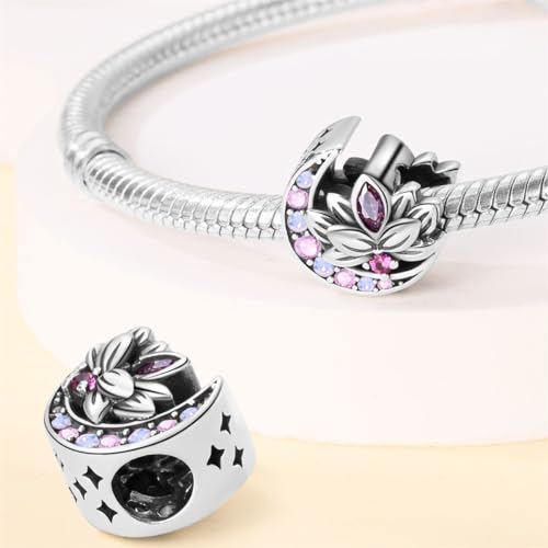925 Sterling Silver Charms for Bracelets and Necklaces Beads Charms Jewelry Gift for Women - color: Moon Lotus Charm