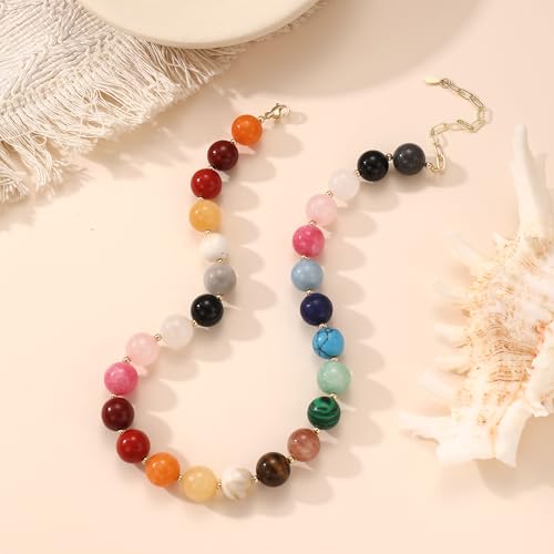 Colorful Beaded Necklace for Women Boho Statement Chunky Necklace Natural Stone Beads Gemstone Choker Necklaces Handmade Summer Beach Jewelry - color: Colorful