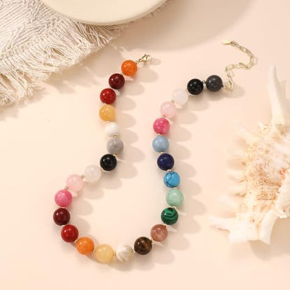 Colorful Beaded Necklace for Women Boho Statement Chunky Necklace Natural Stone Beads Gemstone Choker Necklaces Handmade Summer Beach Jewelry - color: Colorful