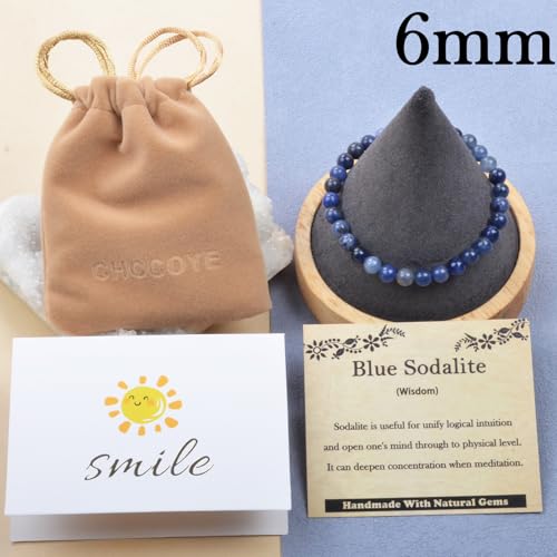 468Handmade Adjustable Natural Gemstone Crystal Bracelet Healing Power Energy Inspirational Gifts with Card for Unisex - color: 08-Blue Sodalite(Wisdom), size: 6mm