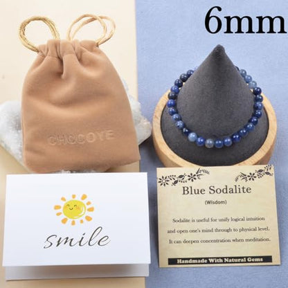 468Handmade Adjustable Natural Gemstone Crystal Bracelet Healing Power Energy Inspirational Gifts with Card for Unisex - color: 08-Blue Sodalite(Wisdom), size: 6mm
