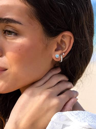Suplight 925 Sterling Silver Birthstone Stud Earrings for Women, Round/Heart/Teardrop/Square Crystal Diamond Earrings for Women, Dainty Birthday Gifts Jewelry - color: style a-03. round-March(Created Aquamarine)