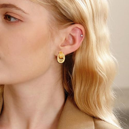 14K Gold-plated Clip On Earrings for Women Knot Link Trendy Small Dainty Non Pierced Earring Hoops Drop Dangle Earrings Lightweight Jewelry - color: A-Gold