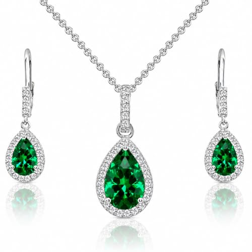 Jewelry Sets for Women, Necklace and Earring Sets for Women, Birthstone Jewelry, Genuine or Synthetic Gemstones, Teardrop Necklace and Dangle Earrings, Pendant Necklace, Sterling Silver Jewelry - color: Simulated Emerald