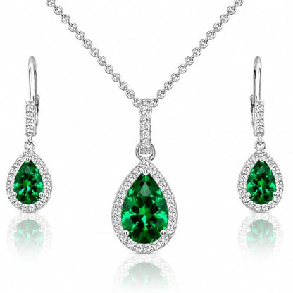 Jewelry Sets for Women, Necklace and Earring Sets for Women, Birthstone Jewelry, Genuine or Synthetic Gemstones, Teardrop Necklace and Dangle Earrings, Pendant Necklace, Sterling Silver Jewelry - color: Simulated Emerald