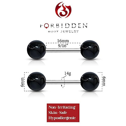 Forbidden Body Jewelry 14 g 16 mm Stainless Steel Nipple or Tongue Ring Barbell Set with Acrylic Balls (Choose Color) - style: Black