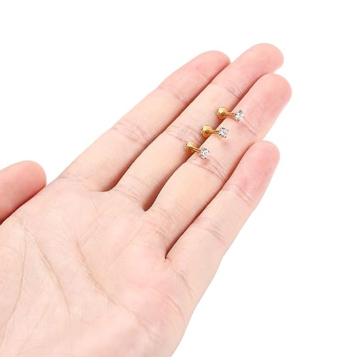 GAGABODY G23 Titanium 16G 6/8/10mm Clear CZ/Opal Internally Threaded Labret Monroe Lip Studs 6mm Helix Cartilage Tragus Earring Piercing - color: 16G-3Pcs-Gold-Length:8mm CZ:2mm
