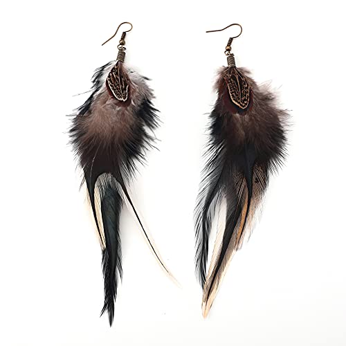 Bohemian Long Feather Earrings for Women Handmade Natural Dangle Tassel Jewelry - color: Style F