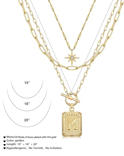 MJartoria Layered Initial Necklaces for Women | 14K Gold Plated Brass, Star Choker, Square Letter Pendant, Paperclip Chain - color: Gold, style: K