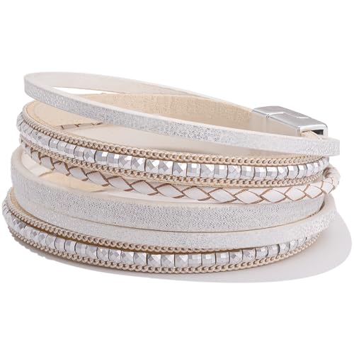 Boho Layered Leather Wrap Bracelets Chunky Western Country Hippie Jewelry | Stackable Bohemian Cowgirl Magnetic Clasp Cuff Bangle Set Fashion Stack Statement Festival Trendy Jewelry Gifts for Women - color: White