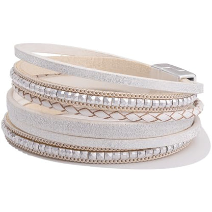 Boho Layered Leather Wrap Bracelets Chunky Western Country Hippie Jewelry | Stackable Bohemian Cowgirl Magnetic Clasp Cuff Bangle Set Fashion Stack Statement Festival Trendy Jewelry Gifts for Women - color: White