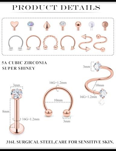 16G Horseshoe Lip Rings 316L Surgical Steel Medusa Labret Snake Bite Monroe Lip Ring 16 Gauge Tragus Forward Helix Conch Cartilage Lobe Earrings Stud Piercing Jewelry For Women Men - color: Rose Gold