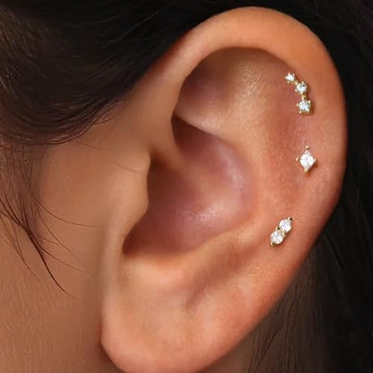 20G/18G/16G Flat Back Earrings Tiny Nose Stud, Cartilage Earring Threadless Tragus Helix Stud Conch Piercing Jewelry - color: CZ Climber(gold 3pcs), size: 16 gauge (1.2mm post)