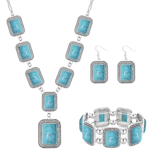 NEWITIN 4 Pieces Silver Bohemian Jewelry Set for Women Fashion Costume Jewels Turquoise Necklace Bracelet Earrings Western Turquoise Jewelry Set for Women - color: Turquoise A