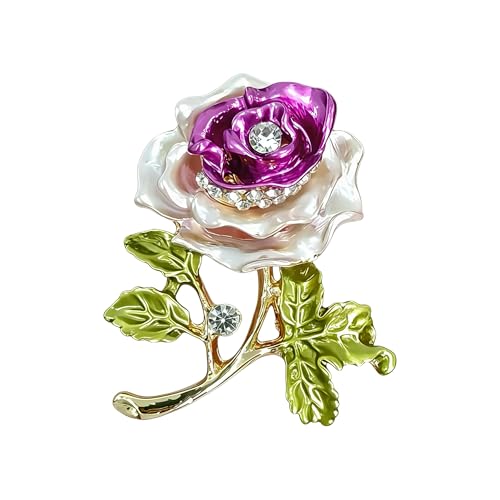 Gradient Purple Rose Flower Brooch Enamel Crystal Floral Lapel Pin Gold Tone Elegant Brooch for Women Suit Coat Scarf Accessory - color: Violet Pink