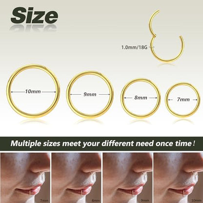 4/5/8 pcs 16G/18G/20G 316L Surgical Steel Hinged Nose Rings Hoops Lip Septum Rings Helix Conch Rook Cartilage Tragus Earrings Piercing Jewelry Black Silver Gold Plated Nose Rings Women Men - color: Gold - 18G (7mm-10mm) - 4PCs