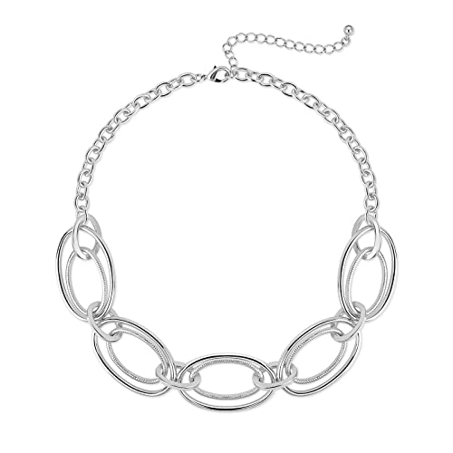 Gold Chunky Necklace for Women: Double Oval Link Statement Choker Necklace | 14k Gold Plated Loop Chain Trendy Fashion Jewelry for Daily Holiday Party - color: Silver