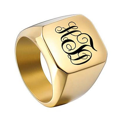 INBLUE Personalized Engraved Initial Monogram Signet Rings for Man Women Stainless Steel Rings Customize Jewelry with Ring Size Adjuster - color: Gold: Monogram