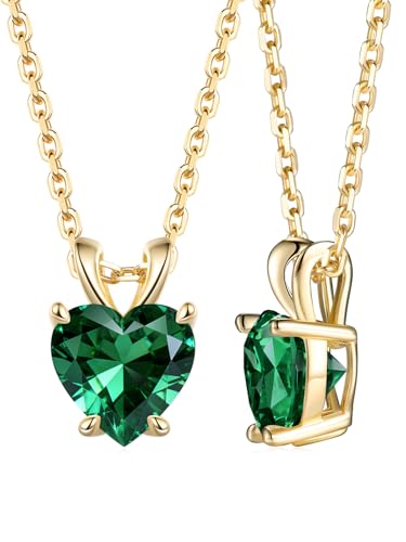 CYW Genuine Sapphire/Emerald/Ruby/Moissanite Necklace for Women, Really Authentic Solid 925 Sterling Silver, 16"/18"/20" Adjustable Chain, Anniversary Mother's Day Valentines Gift - color: Emerald - Heart - Yellow Gold, size: 8mm