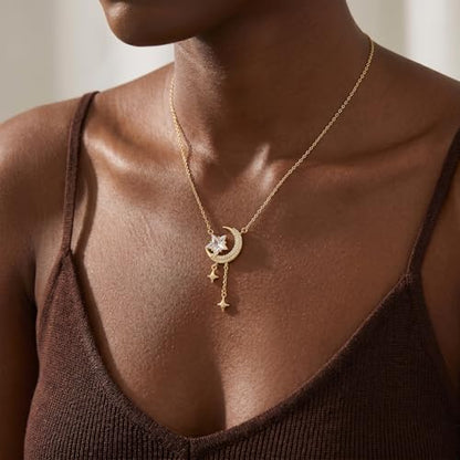 Reffeer Solid 925 Sterling Silver Moon Star Necklace for Women Teen Girls CZ Moon Choker Necklace Dainty Star Pendant Necklace - color: B-Yellow