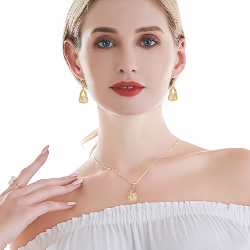 Pearl Jewelry Set For Women S925 Sterling Silver/14K Gold Plated Necklace & Earrings Set Freshwater Pearl Pendant Cage Set for Wedding Anniversary Prom Birthday Gift - color: Golden-White
