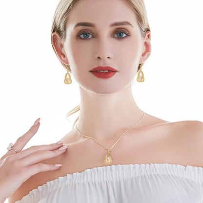 Pearl Jewelry Set For Women S925 Sterling Silver/14K Gold Plated Necklace & Earrings Set Freshwater Pearl Pendant Cage Set for Wedding Anniversary Prom Birthday Gift - color: Golden-White