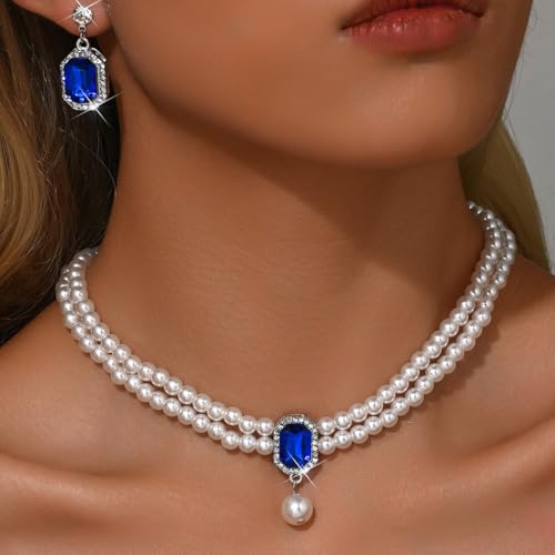 Pearl Necklace and Earring Jewelry Set for Women,Fake Pearls Necklace White Pearl Rhinestone Choker for Prom Wedding Birthday Bridal Bridesmaid Costume Accessories