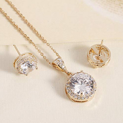AMYJANE Halo Crystal Jewelry Set - Sterling Silver Round Cubic Zirconia Crystal Bridal Pendant Necklace Earrings Set for Wedding Bride Bridesmaids - color: Clear-Gold
