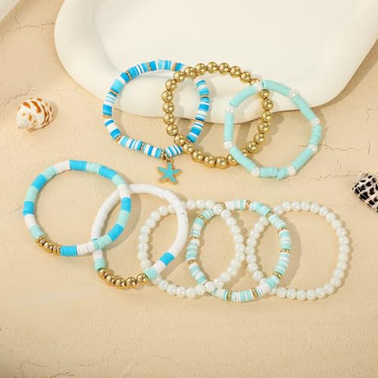 GOOJIDS Surfer Heishi Clay Bead Bracelets for Women Bohemian Stackable Gold Plated Beaded Stretch Bracelets Elastic Layering Friendship Bracelets Set Boho Jewelry - color: B-Blue Starfish Set