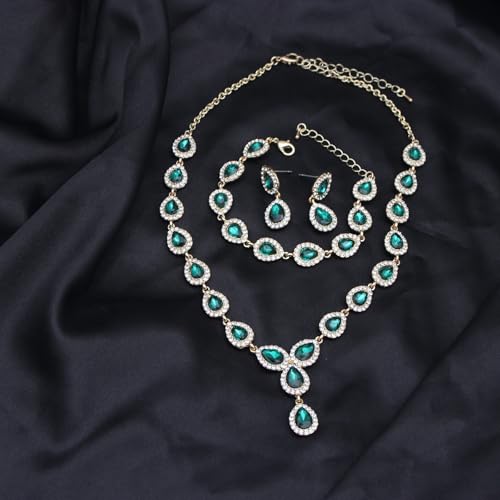 Austrian Crystal Rhinestone Necklace Dangle Earrings Link Bracelet Jewelry Set for Brides Bridesmaid Prom Costume Accessories for Women - color: Emerald-Gold Plated