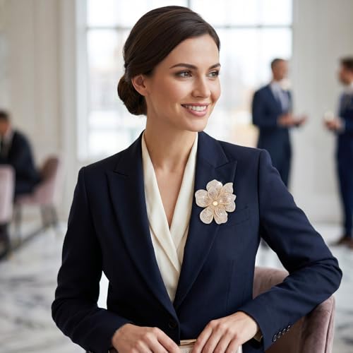 3.74 Inches Rhinestone Camellia Flower Brooch Pins & Hair Clips for Women Elegant Created Crystal Lapel Pin Brooches Wedding Party - color: Champagne & White