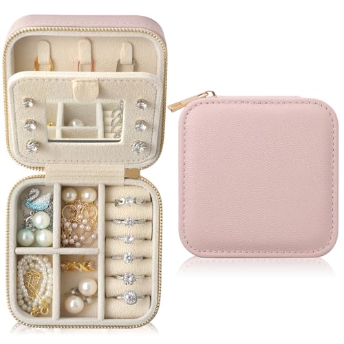 Genuine Leather Travel Jewelry Organizer Case with Mirror for Women, Small Mini Portable Jewelry Box for Earring, Ring, Necklace, Bracelet（Pink） - color: Caviar Grain Leather Pink