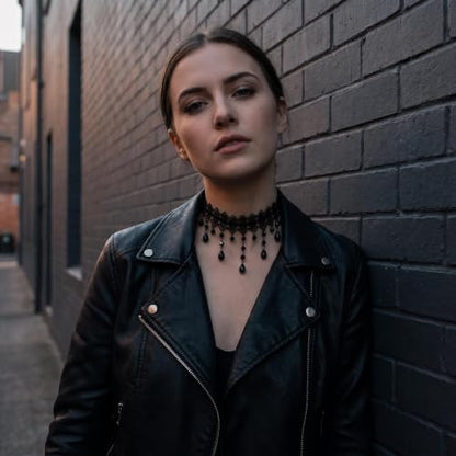 Black Lace Choker Necklace with Dangle Teardrop Crystals, Rhombus Lace Design for Gothic Outfit, Evening Prom, Daily Wear - color: Black