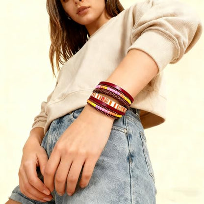 Leather Wrap Bracelets for Women, Boho Leopard Multi-Layer Crystal Beads Cuff Jewelry - color: J-Warp-032