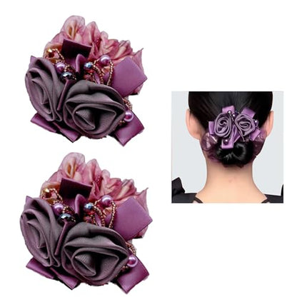 Satin Hair Scrunchie with Rose Flower, Brown and Gold, Pearl Beads, Ribbon Bow, Hair Tie Accessory, 9cm (purple) - color: purple
